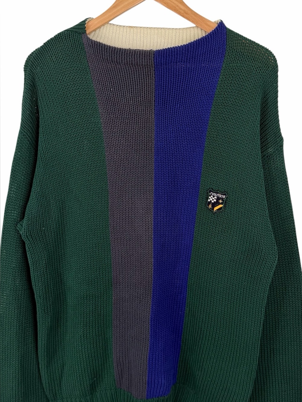 Nautica Men’s Large Colorblock Chunky Knit Sweater Crest Logo Preppy Vintage 90s - Picture 2 of 8